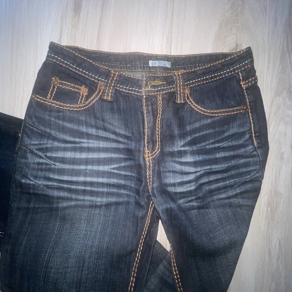 VTG Y2K " STYLE" Western Boho Dark Stone Dark Wash Jeans Sz 4 Relaxed Straight